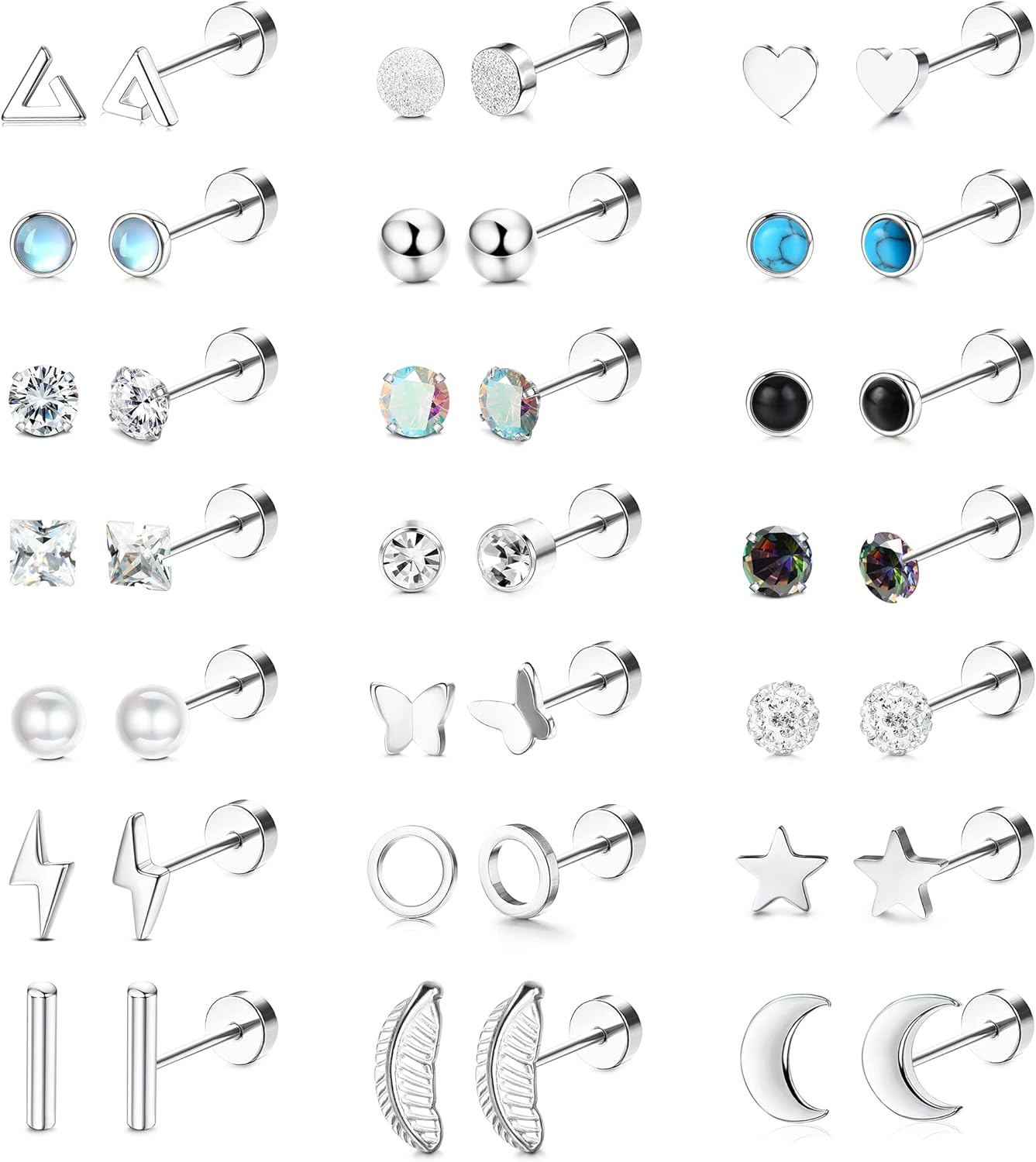 SAILIMUE Stainless Steel Flat Back Earrings For Women Hypoallergenic Gold Cartilage Flatback Earrings Studs Set in Star, Moon 21 Pairs