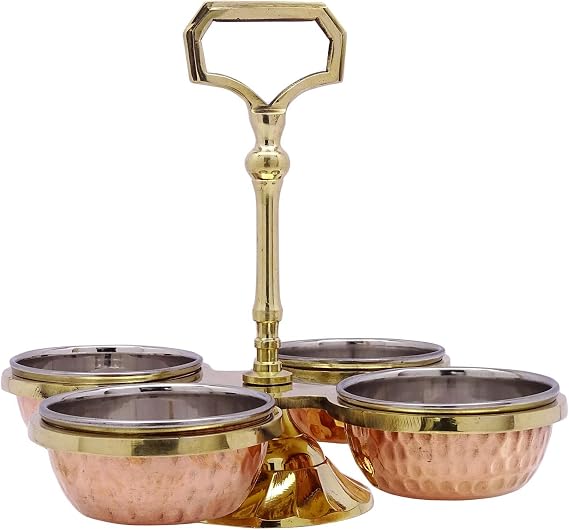 Set 4 Bowls Holder Condiments Copper Serving Indian Traditional Tableware Decor