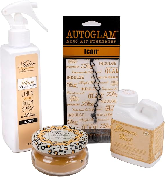 Tyler Candle Company - Icon Glamorous Gift Suite VI - (on Demand Room Spray, Glamorous Wash, Jar Candle, Autoglam)