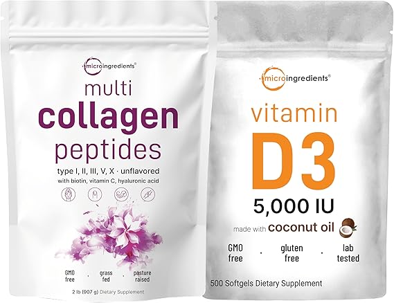 Micro Ingredients Multi Collagen Protein Powder 2lbs & Vitamin D3 5,000 IU Bundle Pack | Grass-Fed Collagen Peptides | Vitamin D as Cholecalciferol