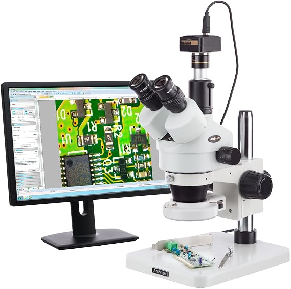 AmScope SM-1TS-144S-5M Digital Professional Trinocular Stereo Zoom | 7X-45X Magnification Range 5MP CMOS Sensor USB 2.0 Connectivity 0.5X Reduction Lens Included Stereo Zoom Microscope