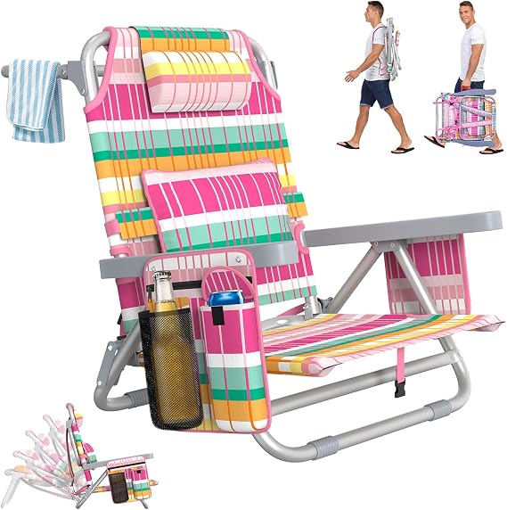 Suteck Beach Chair, Adjustable 5-Position Backpack Beach Chairs for Adults Kids, Foldable Lay Flat Chair with Cooler Bag, Cup Holder and Lumbar Pillow, Reclining Lay Down Chairs (Rainbow Pink)