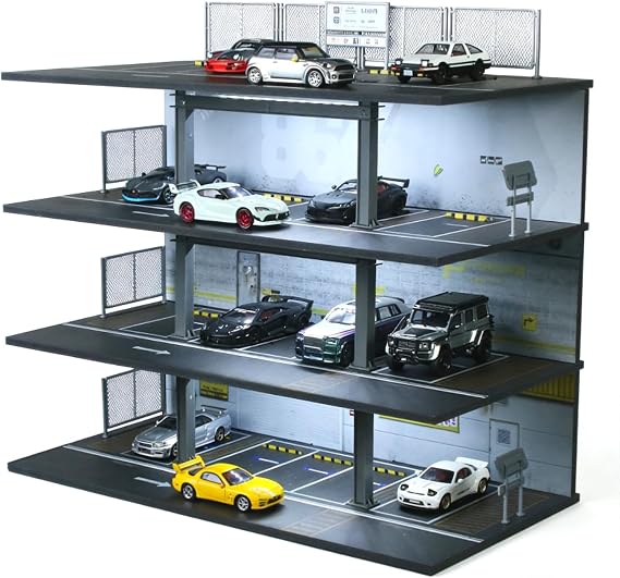 1:64 Diorama Garage Model, LED Lighting 4 Tier Parking Lot Scene Display