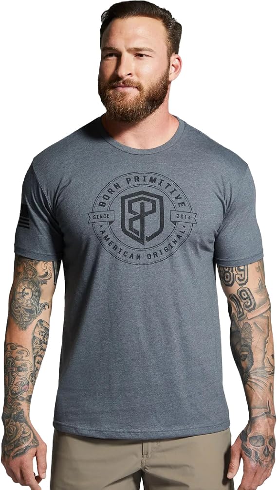 Born Primitive Men's American Original Tee | Cotton-Poly Blend Athletic Fit Training Short Sleeve T-Shirt with Chest Print