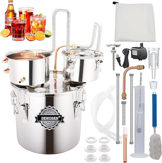 DEWOSEN Alcohol Still 5 Gallon 3 Pots Shine Still Distillery Kit for Alcohol Stainless Copper Tube Complete with Thumper Keg Water Pump Metal Thermometer Airlock Brew Bag Proof Alcoholmeter Test Kit