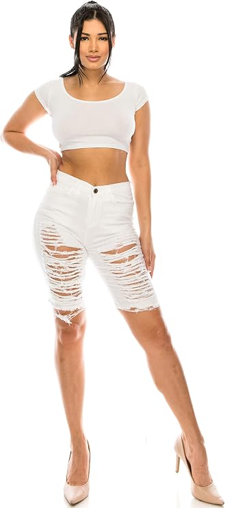 Aphrodite Ripped Bermuda Shorts Jeans - Women's High Waisted Destroyed Distressed Fashion Denim Crop Pants