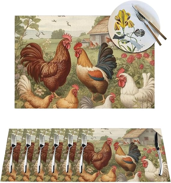 Chickens and Farm Vinyl Placemats Set of 4 Pcs, 12x18 Inch Non-Slip Heat Resistant PVC Place Mats Wipeable Washable Table Mats for Kitchen Dining Table Decoration