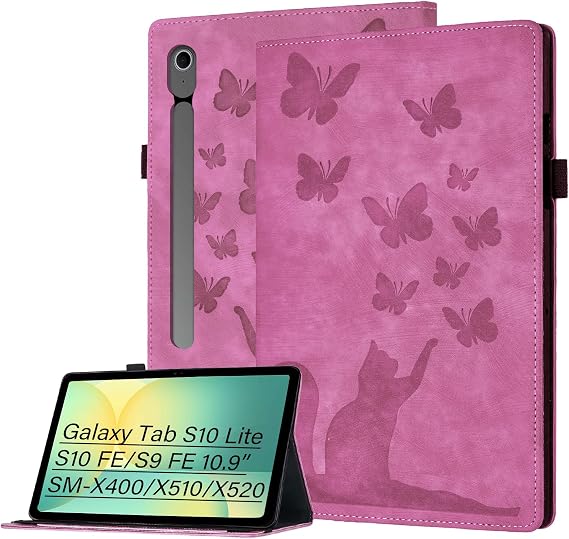 PU Tablet Case for Samsung Galaxy Tab S10 Lite/S10 FE/S9 FE 10.9" SM-X510/X520 Cat&Butterfly Flip Tab Cover, Stand, Scratch-Resistant, Card Slot, Pen Holder, Pink