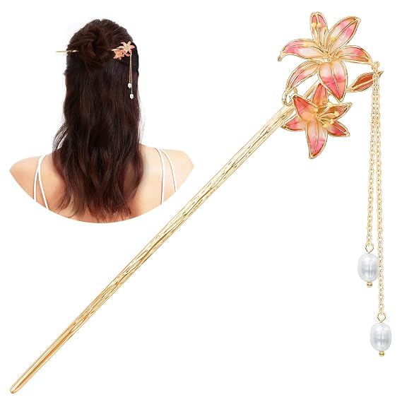 Hair Accessories,14k Gold Plated Copper,Vintage Handcrafted,7.28" Hair Chopsticks For Women,Colour Enamels Pearl Lilies Tassels Hair Stick,Hair Clip