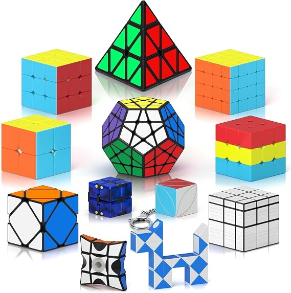 ROXENDA 12 Packs Speed Cube Set, 2x2 3x3 4x4 Pyramid Skewb Infinity Sticker Puzzle Cube 1x3x3 Spinner Cube Bundle, Christmas Birthday Party Toy for Kids Teens Adults (12 Pack)