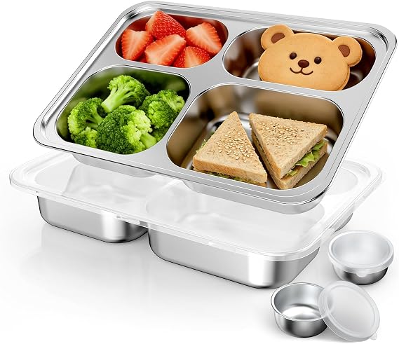 Bakpoco Stainless Steel Divided Plate for Kids Toddler, Non Toxic Portion Control Plate Dinner Plate with Lid for Adults Weight Loss, 2 Pack 4 Sections Rectangular Snack Plate Tray