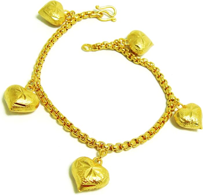 Hearts Dangling Bracelet 23K 24K Thai Baht Yellow Gold Plated Plated Charm Bracelet 6.5 inch Jewelry Women