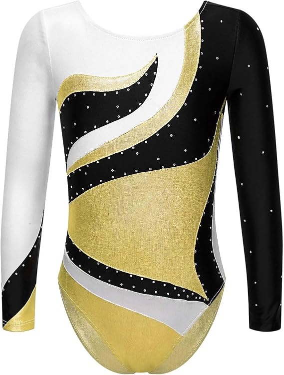 Girls Ballet Leotard Children's Bodysuit Gymnastics Rhinestone Long Sleeve Leotard Dance Ballet Suit Girls Figure Skating Bright Performance Costumes for Ballet, Gymnastics(Gold A,16)