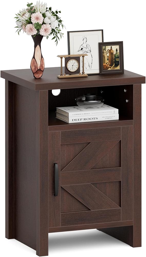 JUMMICO Farmhouse Nightstand, End Table with Barn Door, Brown