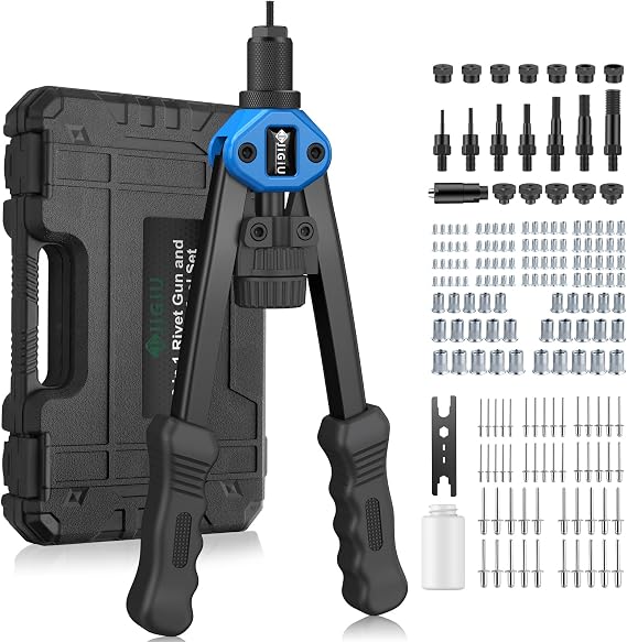 JiGiU Riveter Set 2 in 1 Rivet Nut Pliers Blind Rivet Pliers with 7 Type Metric Mandrels M3-M12 and 5 Rivet Heads 3.2-6.4 mm Includes 110 Rivet Nuts and 50 Pieces Blind Rivets Rivet Nut Tool Set