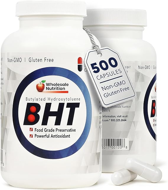 Wholesale Nutrition BHT - 250mg Potent Antioxidant - Non-GMO, Gluten-Free - Enhance Oil/Fat Preservation - Pure Butylated Hydroxytoluene for Foods/Oils - 500 Capsules