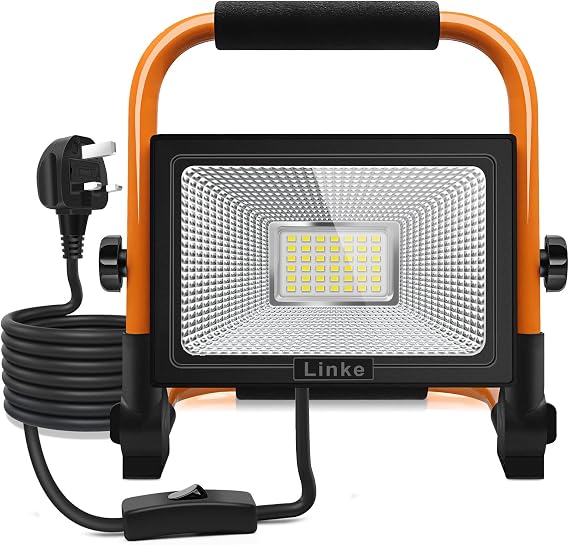 Linke 35W LED Work Light, 3000LM Job Site Portable Plug-in Floodlight | Construction Lights IP66 Waterproof Outdoor Mains Powered 6500K Cold White for Workshop Garage Garden [Energy Class F]