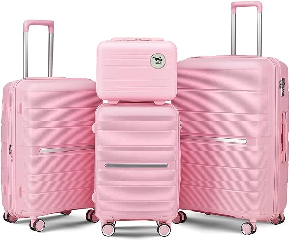 TRAVELEO 4 Piece Expandable Hardshell Pink Luggage Sets with Spinner Wheels, Lightweight Travel Suitcase Set with TSA Locks, 20 inch Carry On for Women (Pink#C, 4 Piece Set)