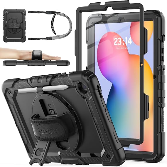 SEYMAC stock Case for Samsung Galaxy Tab S6 Lite 10.4 inch Shockproof Case with Screen Protector 360° Rotating Stand/Hand Strap Pen Holder & Shoulder Strap Black