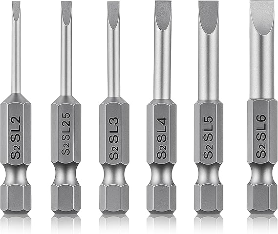 6 Pcs Hollow Ground Screwdriver Set, 1/4 Impact Driver Bit Set Flat Head Slotted Drill Bits, 2 Inch Length Screwdriver Bits SL2 SL2.5 SL3 SL4 SL5 SL6 for Power Drill Impact Driver
