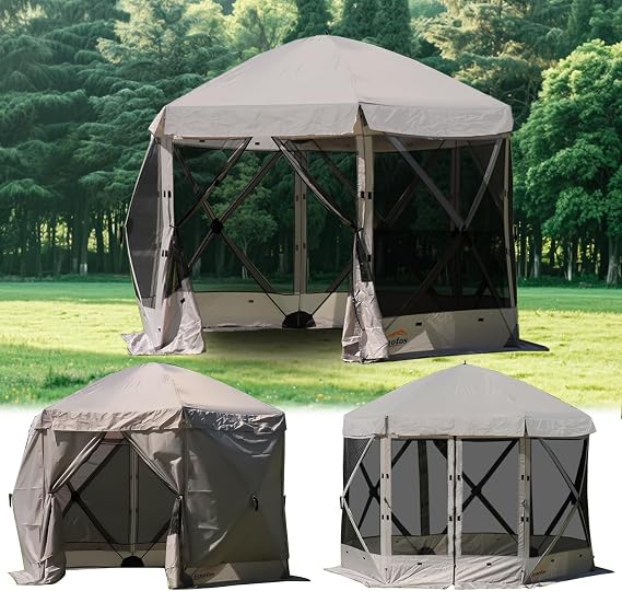Lenotos 10 x 10 FT Pop Up Screen Tent, Portable Outdoor Camping Gazebo with Ground Stakes and Carry Bag, Grey