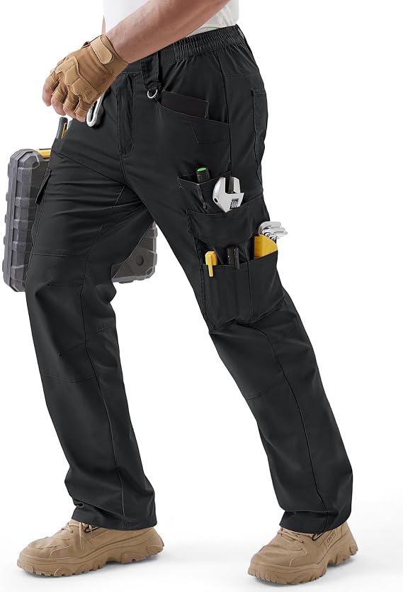 IGOLUMON Men's Stretch Tactical Pants,Ripstop Cargo Pants with 11 Pockets, Lightweight Outdoor EDC Work Hiking Pants Black