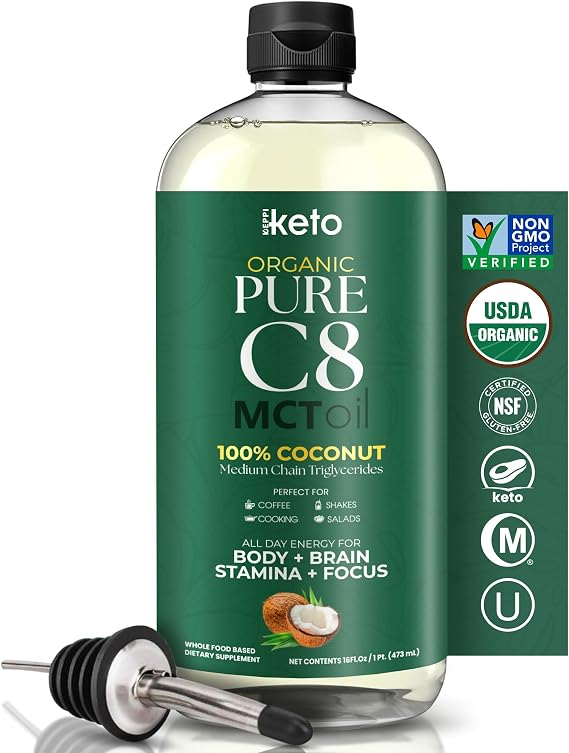 Keppi Organic MCT Oil - Flavorless C8, Non-GMO, Certified Organic, Gluten-Free, Palm Oil Free, Vegan, Kosher, Halal, 16 oz Coconut Oil