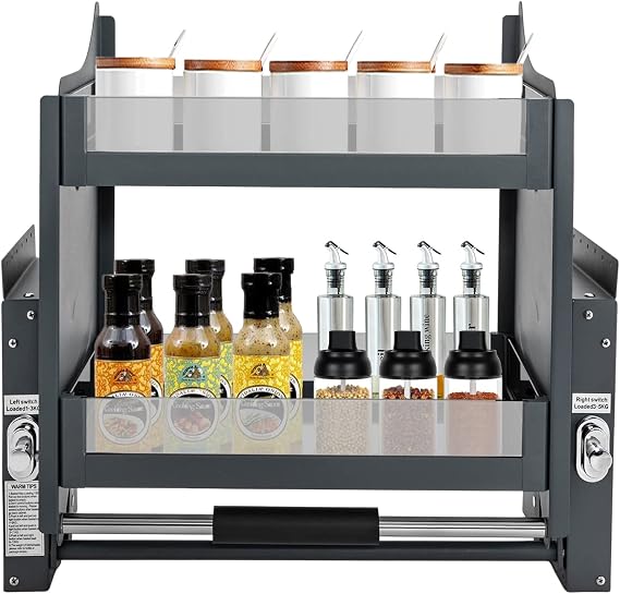 2-Tier Pull Down Shelf Upper Kitchen Wall Cabinet, Adjustable Bearing Drop Down Sliding Shelf Hanging Wall Pull Down Shelfs Holder,Large Storage Space for Kitchen Appliance Lift Upper Cabinet