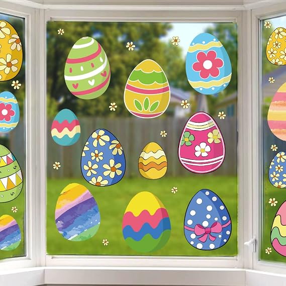 Ivenf Easter Decorations Window Clings Decals Decor, Extra Large Easter Eggs Flowers Party Supplies Gifts, Spring Window Clings Decorations for Kids School Home Office, 6 Sheets 69pcs
