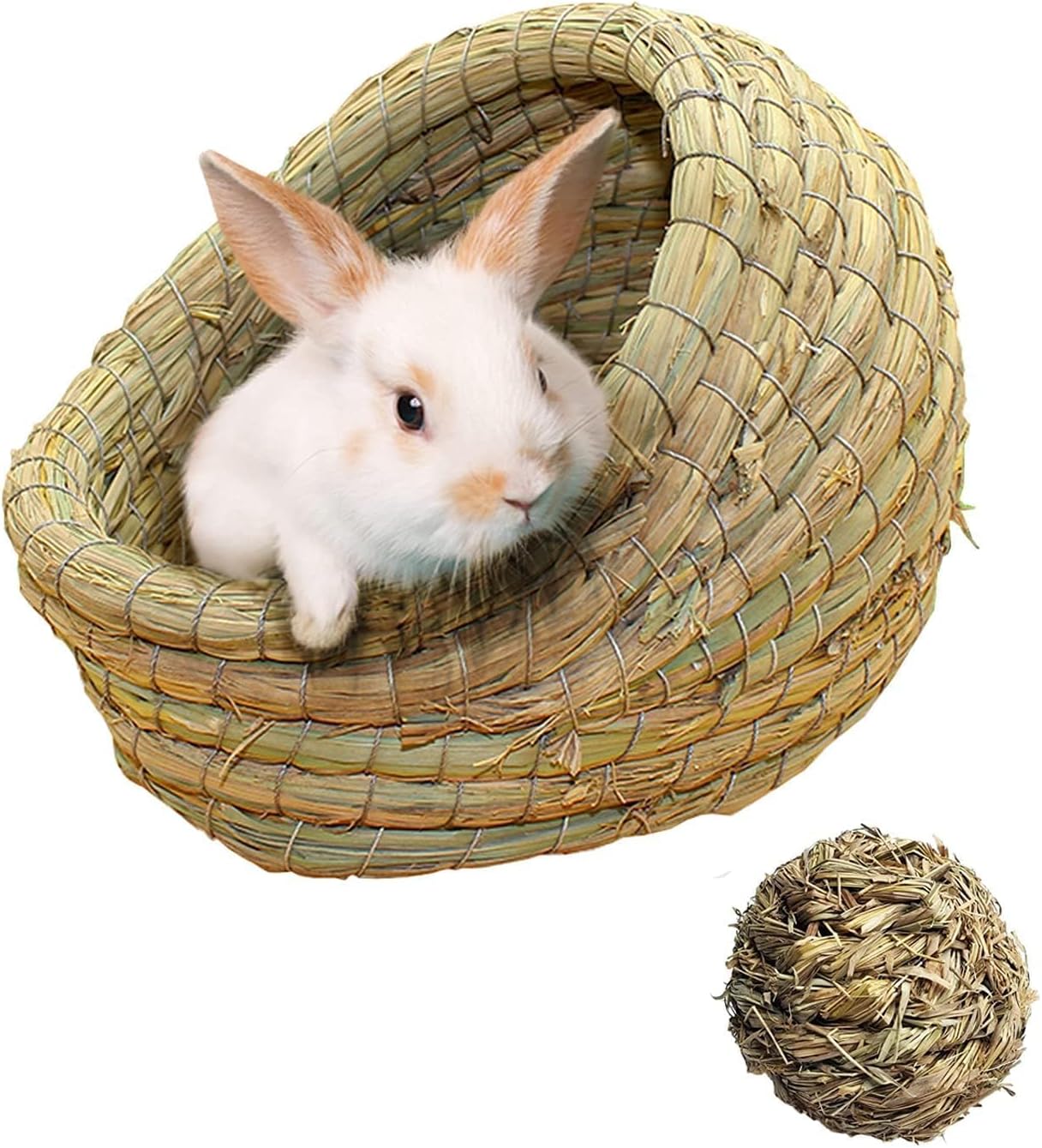 kathson Rabbit Grass House Bunny Woven Hay Bed Guinea Pig Hideout Hand Woven Natural Grass House for Hamster Bunny Guinea Pig and Small Animals with Hay Chew Balls Toys