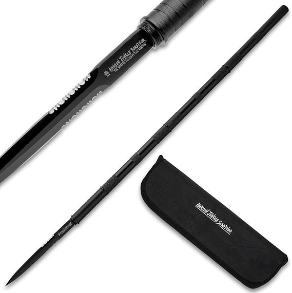 Amazon Jungle Survivor Break-Down Spear | Non-Reflective Finish 2Cr13 Stainless Steel Blade | Textured Steel Shaft | Zippered Carrying Case | Black Oxide Finish