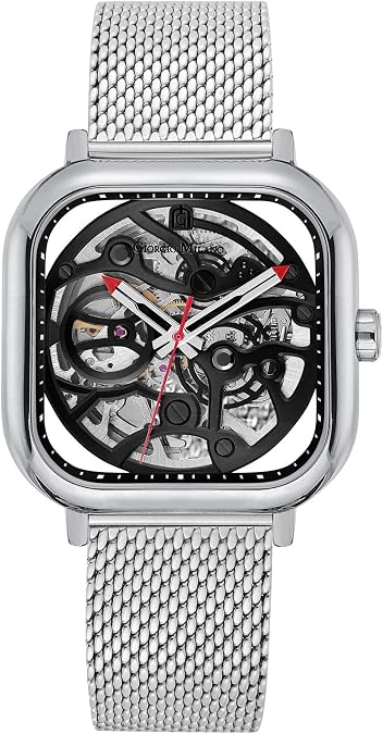 Giorgio Milano IP Gold Stainless Steel Square case, Skeleton Automatic Self-Winding Movement, Glass See-Through Case Back, Mesh Bracelet with Fold Over Safety Clasp