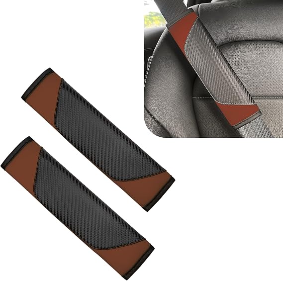 2 PCS Car Seat Belt Cover Pad, Carbon Fiber Leather Seatbelt Covers, Soft Breathable Car Seat Shoulder Strap Pads Seatbelt Cushion, Universal Brown Car Interior Accessonies for Women Men