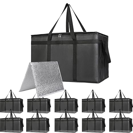 Bodaon 10 Pack Insulated Food Delivery Bags with Hard Bottom, L Cooler