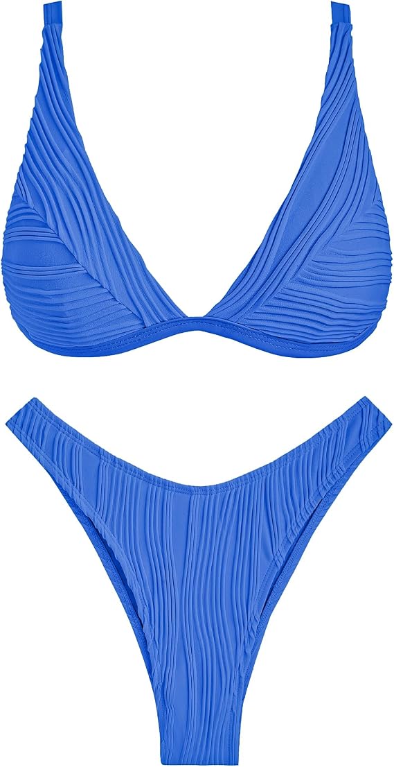 ZAFUL Bikini Sets for Women Triangle Textured Plunging High Cut Cheeky Bikini Swimsuits Two Piece Bathing Suits