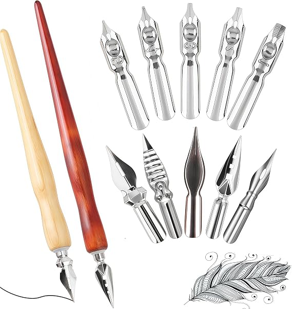 12PCS Comic Dip Pen Set,2 Wooden Pen Holders&10 Drawing Pens Nibs,Calligraphy Pen Set for Drawing,Ink Pens for Artists,Sketch Pens,Beginners Calligraphy Set,Durable Comic Inking Pens,Portable Set