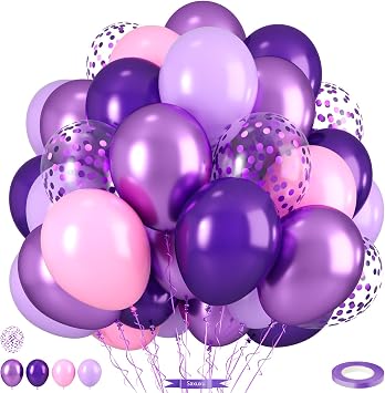 Pink and Purple Balloons, Pink Lavender Dark Purple Metallic Confetti Latex Balloons for Girls Women Birthday Party Baby Shower Bridal Shower Wedding Decorations
