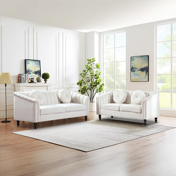 Velvet Sofa Sets Couch Sets for Living Room 76'' Comfy Seat, Oversized Sofa and Loveseat Set with Rivets Perfect for Living Room/Apaetment/Bedroom(Beige, 2-Pieces Set)