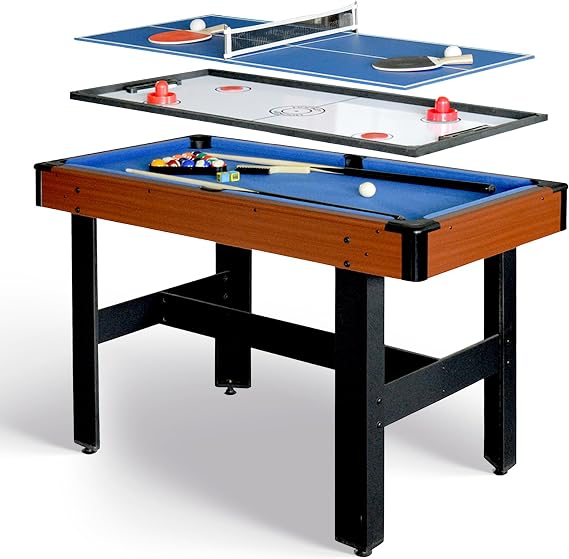 Hathaway Triad Multi Game Table - Space-Saving 48-in Pool Table with Lightweight Table Tennis and Glide Hockey Table Topper for Family Game Rooms - 3 in 1 Game Table with Complete Accessories - Blue