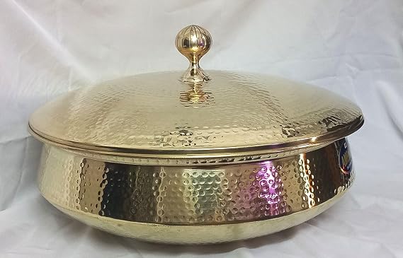 Hammered Brass Lagan Handi with Lid | Pital Tasli | Round Patili | Dish Pan | Inside Tin Lining Degchi for Cooking (Golden, 2 Liter)