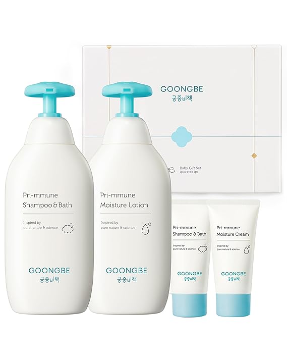 GOONGBE Baby Gift Set, Korean Shampoo & Bath, Lotion & Cream 4 Items | 4-piece Korean newborn skincare gift set: shampoo & bath, lotion & cream. Royal Oji, rice & shea. Allergen-free scent.