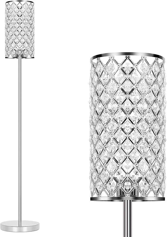 Crystal Floor Lamp, Silver Tall Pole Lamp with On/Off Foot Switch