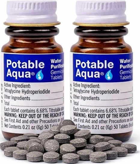 Potable Aqua Water Purification Tablets, Portable and Effective Water Purification Solution for Camping, Hiking, Emergencies, Natural Disasters and International Travel, Two 50ct Bottles, Blue