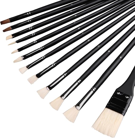 12-Piece Art Brush Set for Oil, Acrylic & Watercolor, Black Wooden Handles with Storage Case