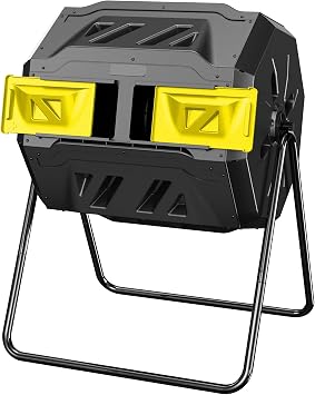 Compost Bin Outdoor, 43-Gal Dual Chamber with Steel Frame, Lagre Compost Tumbler with 2 Sliding Door and Aeration System, 360 Rotating, Tumbling Composter Bin for Kitchen, Garden, Yard, Black Yellow