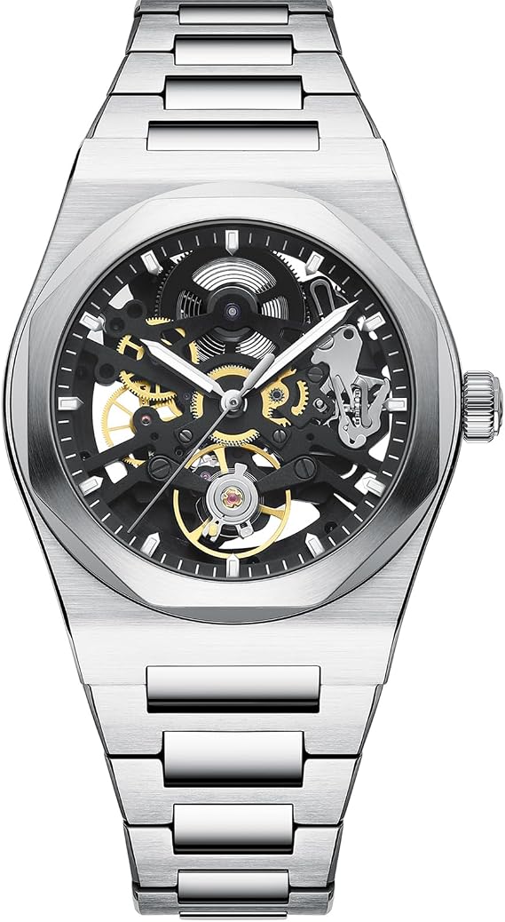 Men's Automatic Watch Skeleton Design Precision Automatic Movement (38.5mm) 316L Stainless Steel 10ATM Water Resistant Self Winding with Scratch Resistant Sapphire Crystal