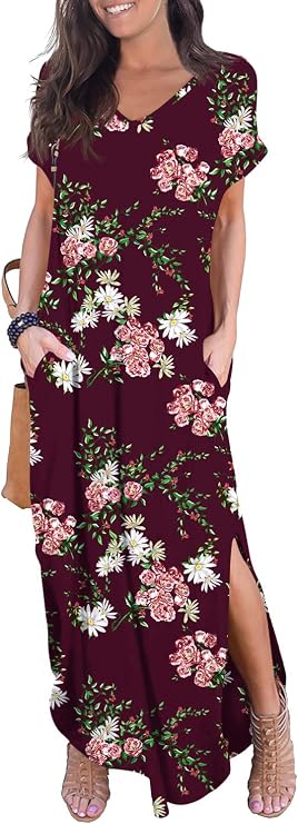 GRECERELLE Women's Summer Maxi Dress Casual Loose V Neck Short Sleeve Side Split Long Dresses with Functional Pockets