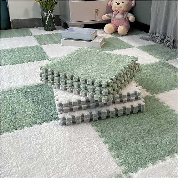 12"X12" Plush Interlocking Carpet Tiles, 10Mm Thick Foam Mat, Puzzle Play Mat, Soft Crawling Playing Floor Mat, Anti-Slip And Anti-Fall,Green+White,30Pcs [Energy Class A]