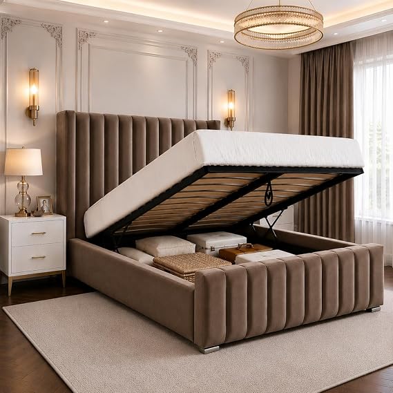 J&S BEDS King Size Bed Frame with Storage, Luxury Yarno Velvet Upholstered Panel Bed with Headboard, 5FT Ottoman Bed King Size with Gas Lift Storage - Mocca Plush