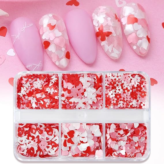 Romantic Love Heart Nails Sequins Holographic Valentines Butterfly Flower Nail Flakes Design Nail Charms 3D Confetti Colorful Heart Flower Valentines Nails Glitter Sequins for Women
